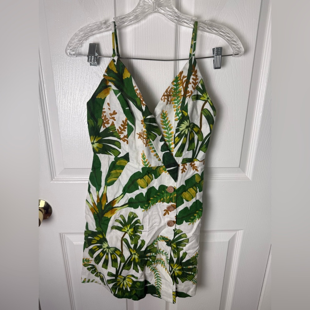 Farm Rio Tropical Forest Linen Mini Dress Green XS - Picture 2 of 10